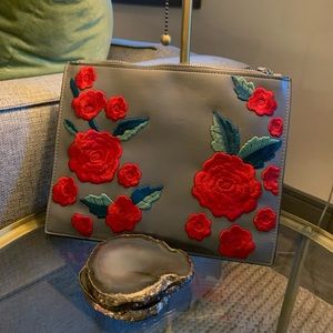 Rose Embroidered Grey Leather Clutch